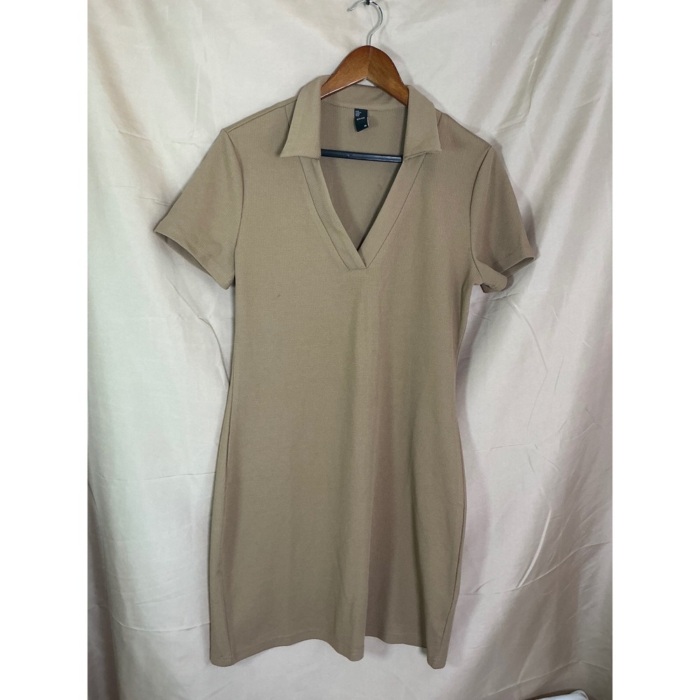 Cider Polo Mini Dress Womens M Khaki Tan Excellent Ribbed V-Neck Short Sleeve - Picture 4 of 9